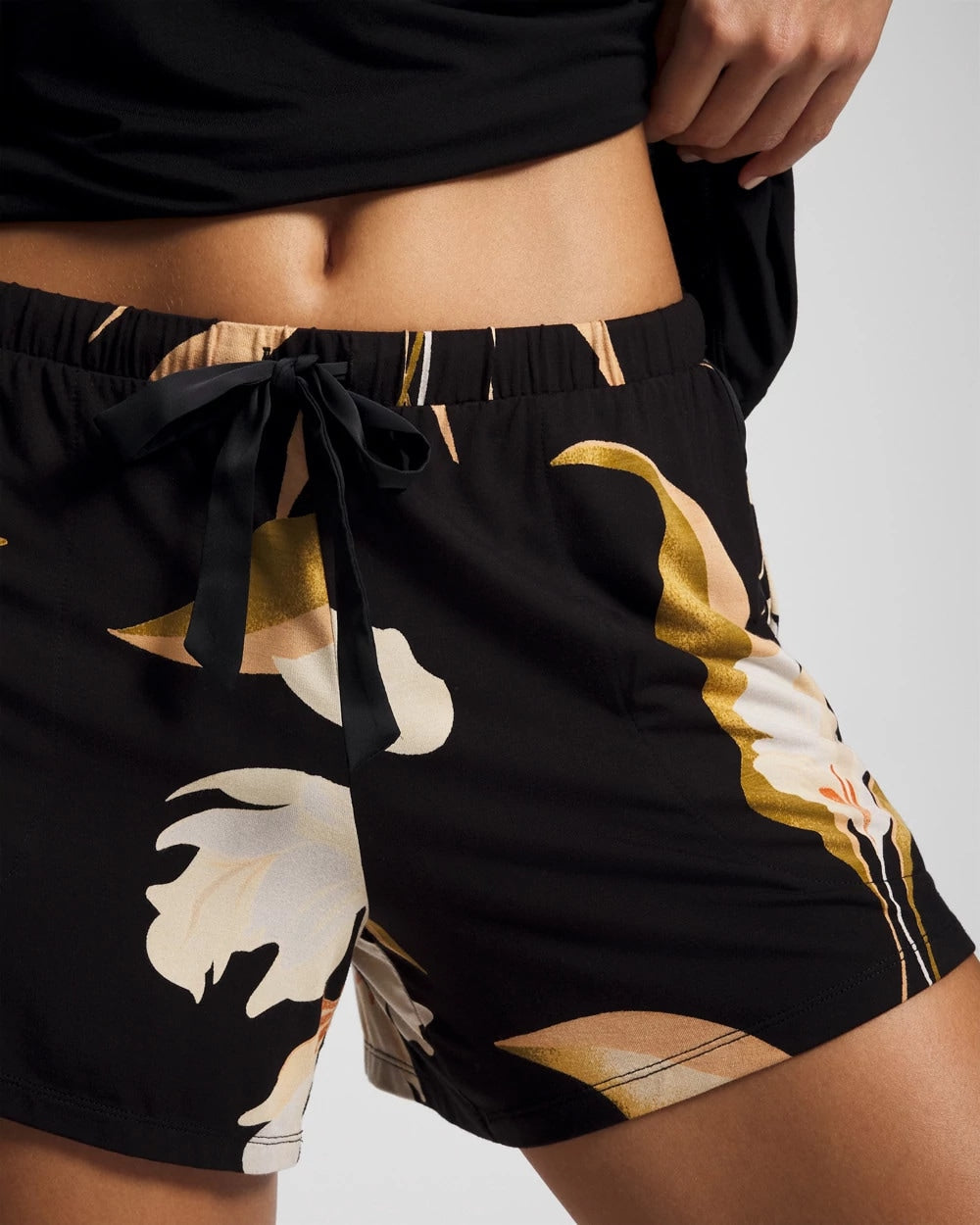 MYSTIC BLOOMS BLACK MID Satin Trim Pajama Short