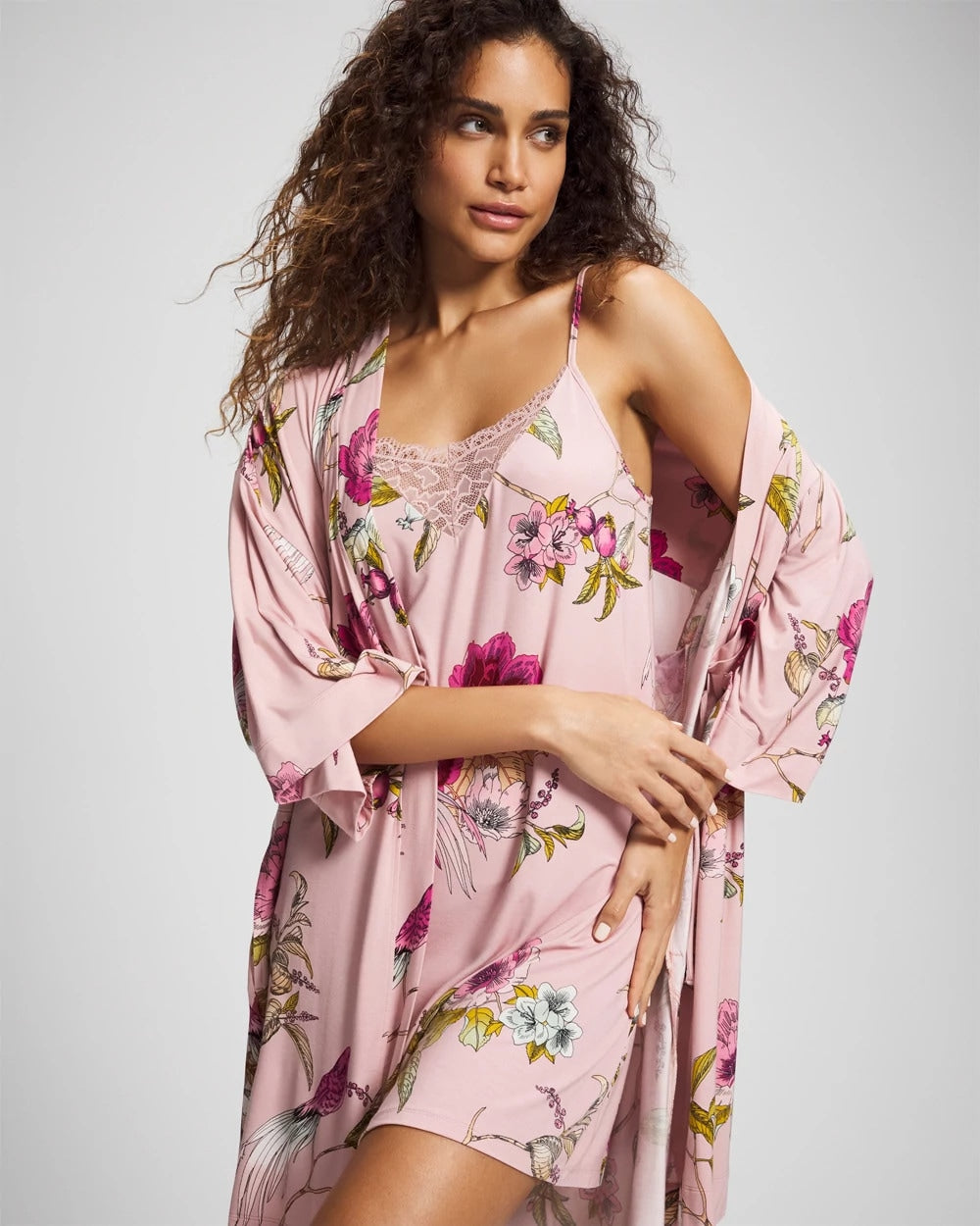 FEATHERED FANCY PINK Kimono Short Robe
