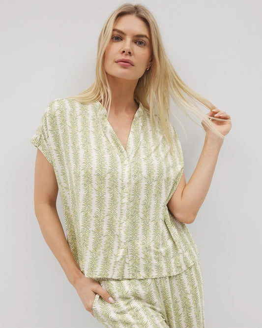 CHILL STRIPE CHAMPAGNE Mandarin Collar Short Sleeve Pajama Top