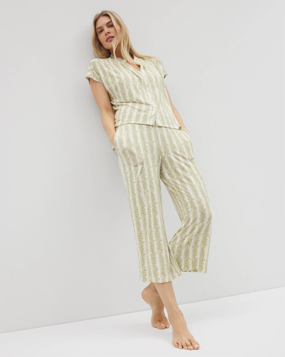 CHILL STRIPE CHAMPAGNE Mandarin Collar Short Sleeve Pajama Top