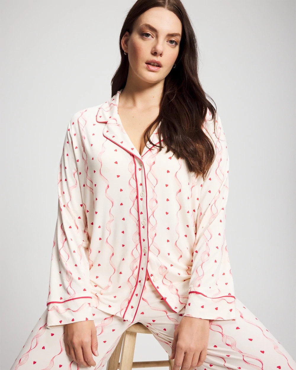 COQUETTE VALENTINE CHAMP Cool Nights Long Sleeve Notch Collar with Piped Placket Pajama Top