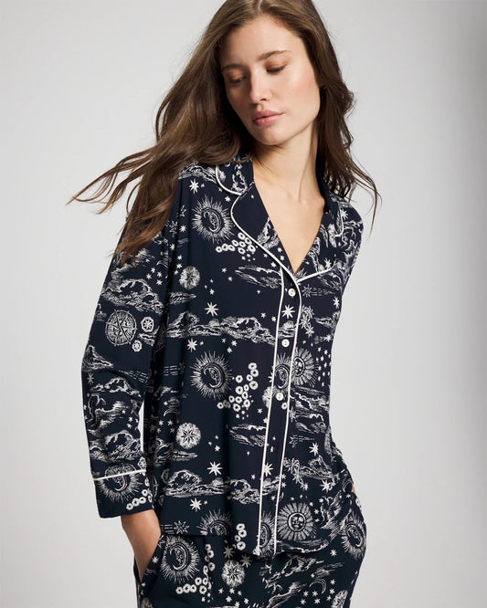 COSMIC BALLET NAVY Cool Nights Long Sleeve Notch Collar with Piped Placket Pajama Top