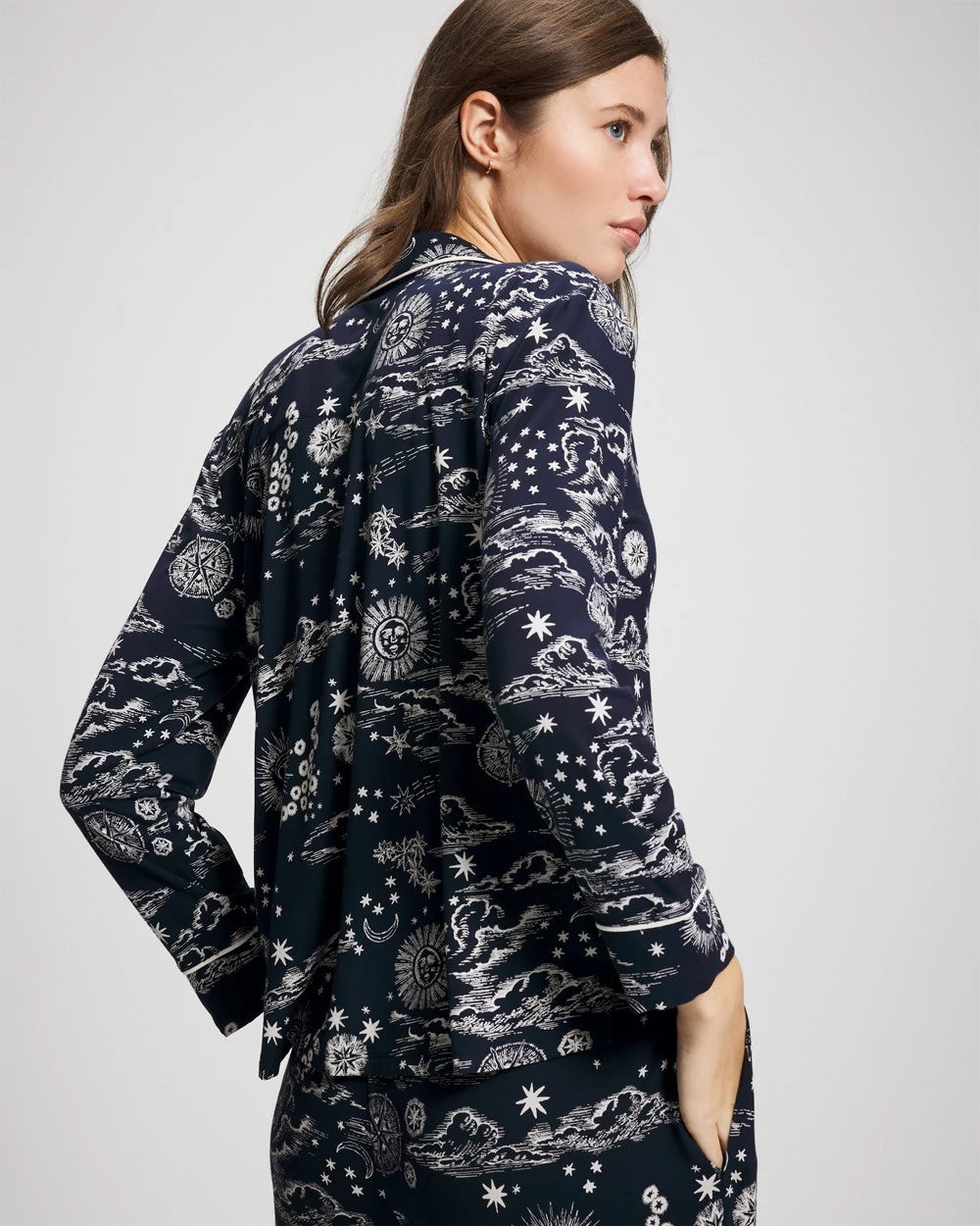 COSMIC BALLET NAVY Cool Nights Long Sleeve Notch Collar with Piped Placket Pajama Top