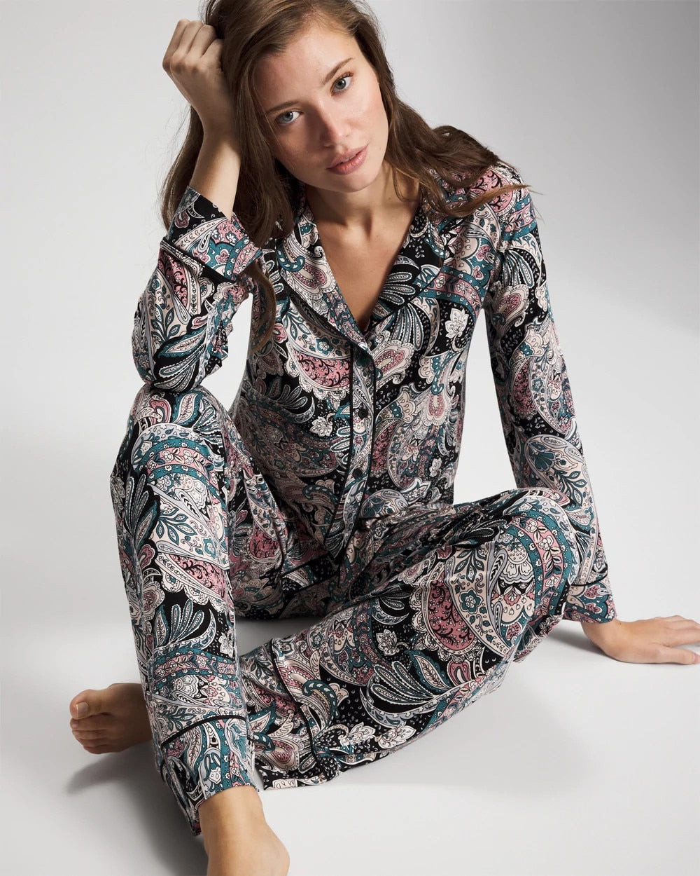 REGAL PAISLEY BLACK Cool Nights Long Sleeve Notch Collar with Piped Placket Pajama Top