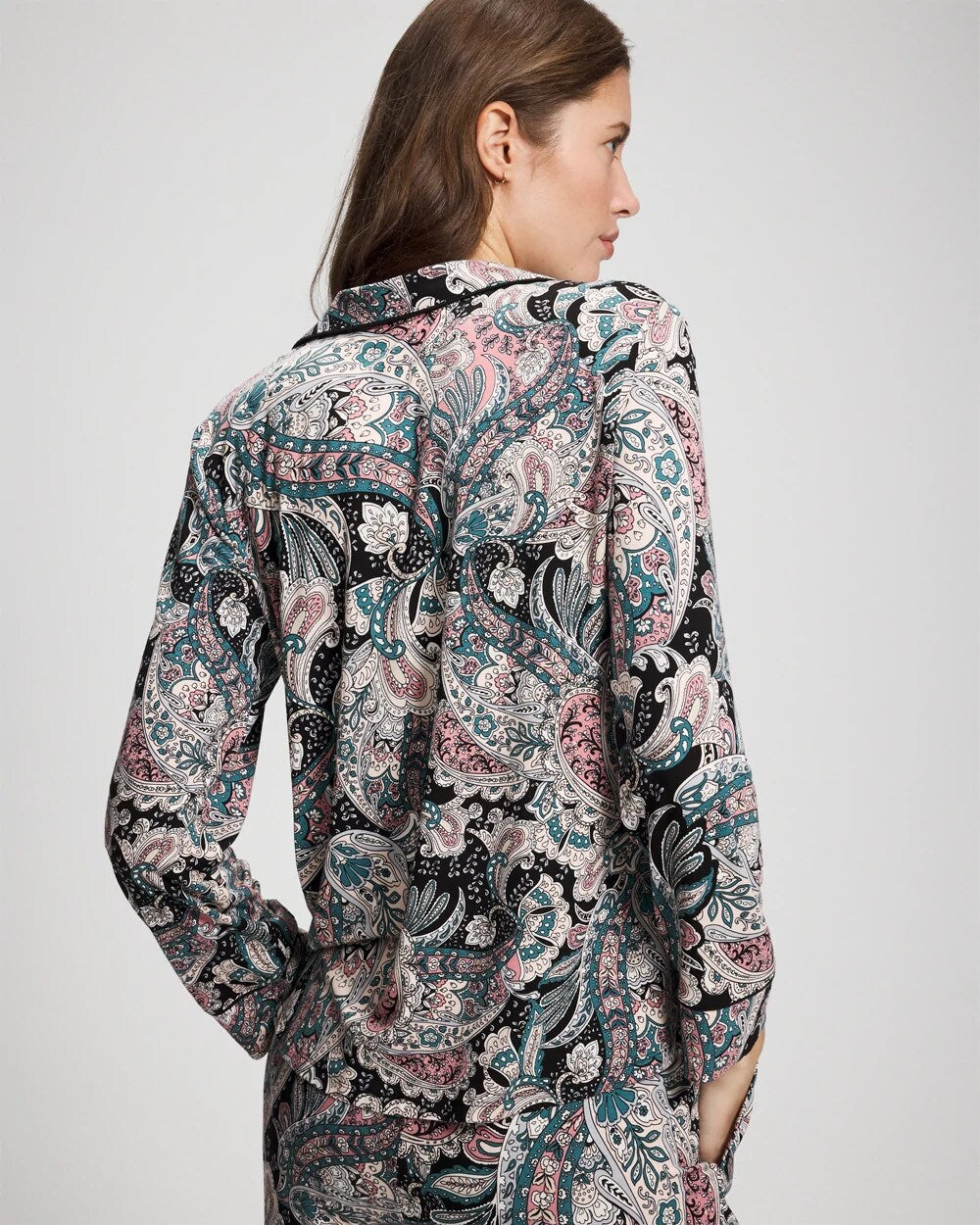 REGAL PAISLEY BLACK Cool Nights Long Sleeve Notch Collar with Piped Placket Pajama Top