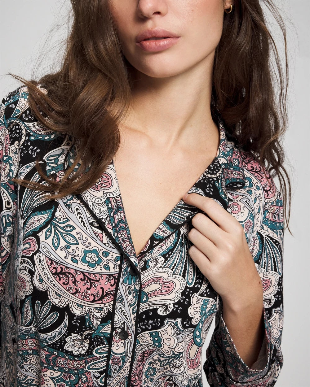 REGAL PAISLEY BLACK Cool Nights Long Sleeve Notch Collar with Piped Placket Pajama Top