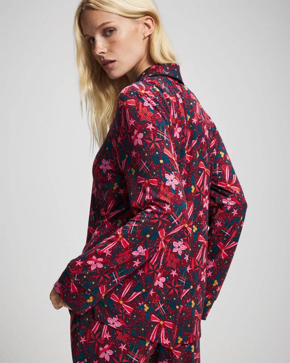 HOLLY JOLLY RED VELVET Cool Nights Long Sleeve Notch Collar with Piped Placket Pajama Top