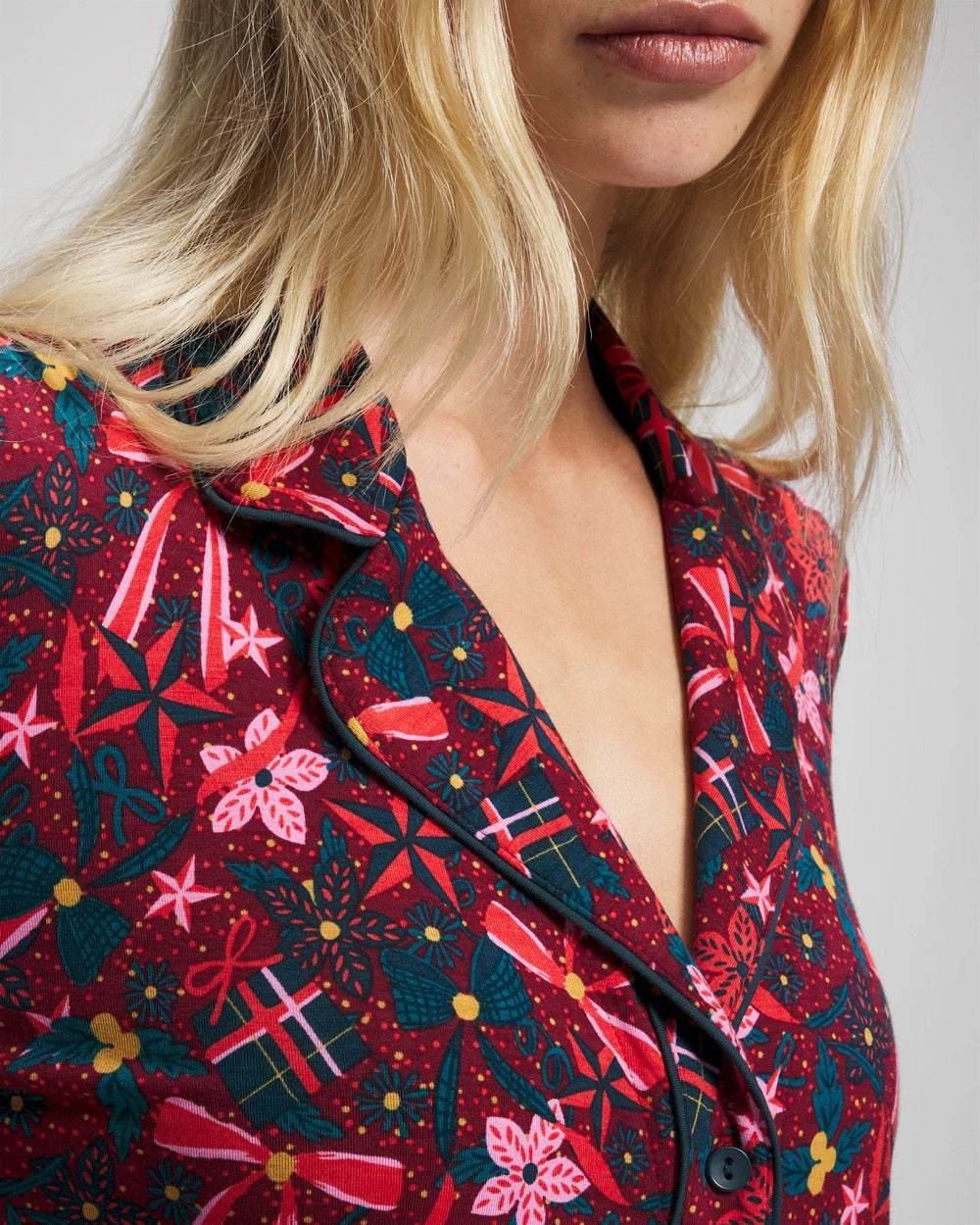 HOLLY JOLLY RED VELVET Cool Nights Long Sleeve Notch Collar with Piped Placket Pajama Top