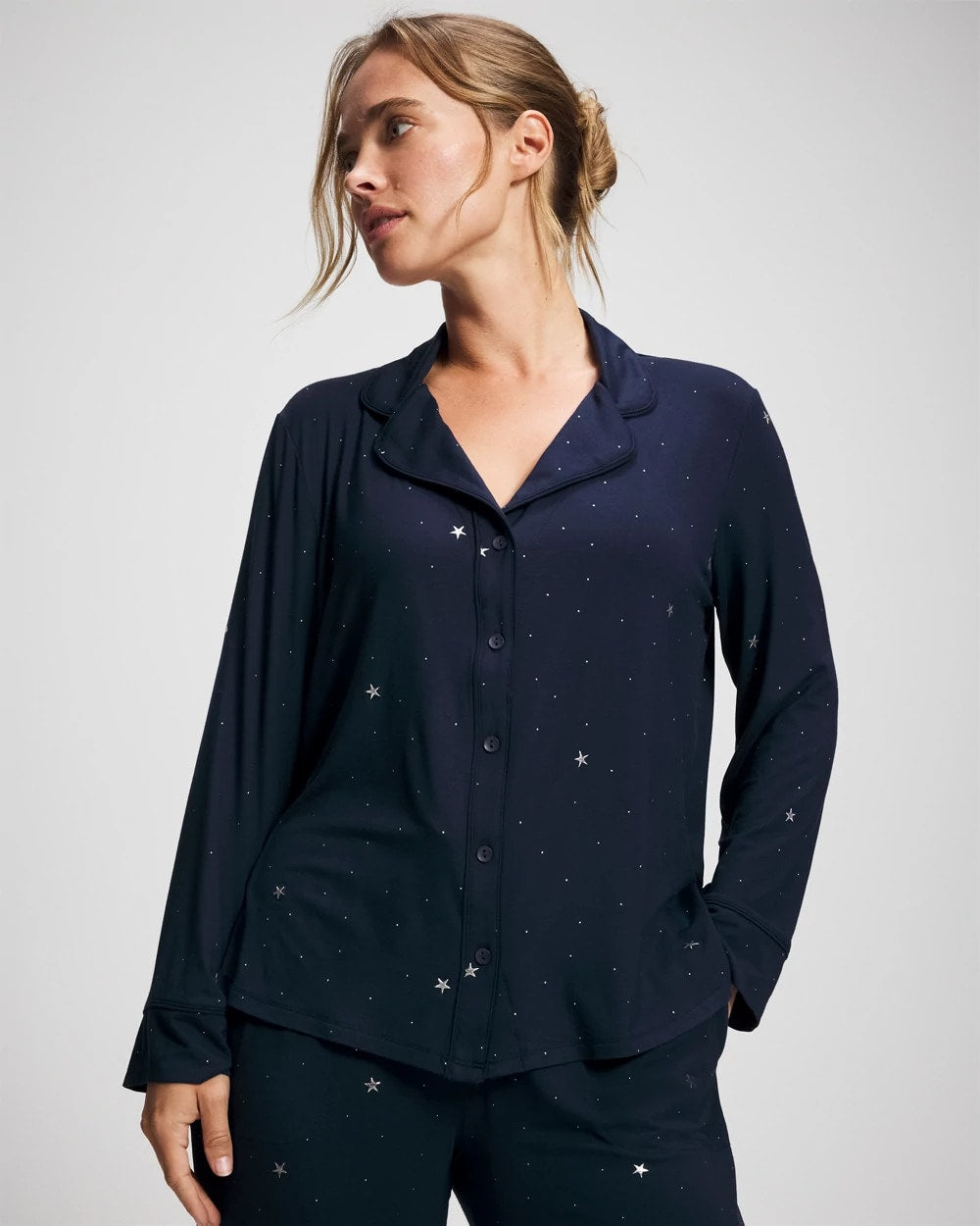 SILVER DEW DROP/NAVY Cool Nights Long Sleeve Notch Collar with Piped Placket Pajama Top