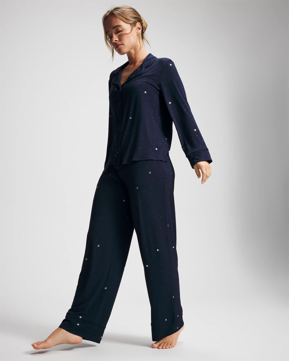 SILVER DEW DROP/NAVY Cool Nights Long Sleeve Notch Collar with Piped Placket Pajama Top