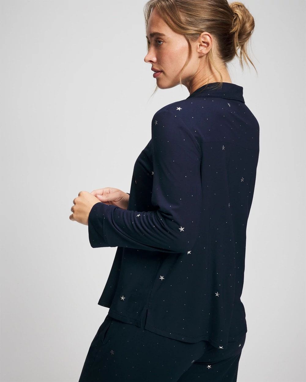 SILVER DEW DROP/NAVY Cool Nights Long Sleeve Notch Collar with Piped Placket Pajama Top