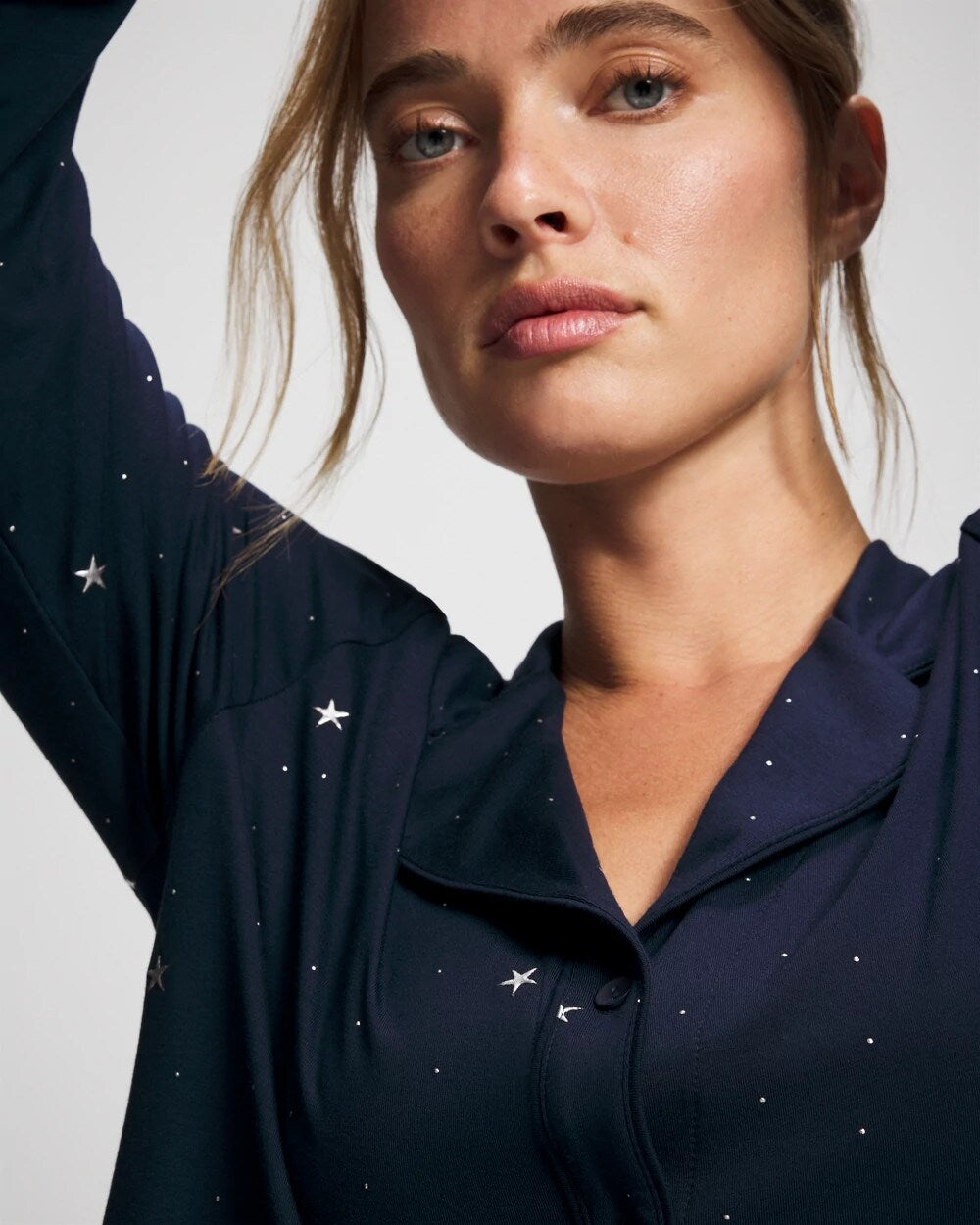 SILVER DEW DROP/NAVY Cool Nights Long Sleeve Notch Collar with Piped Placket Pajama Top