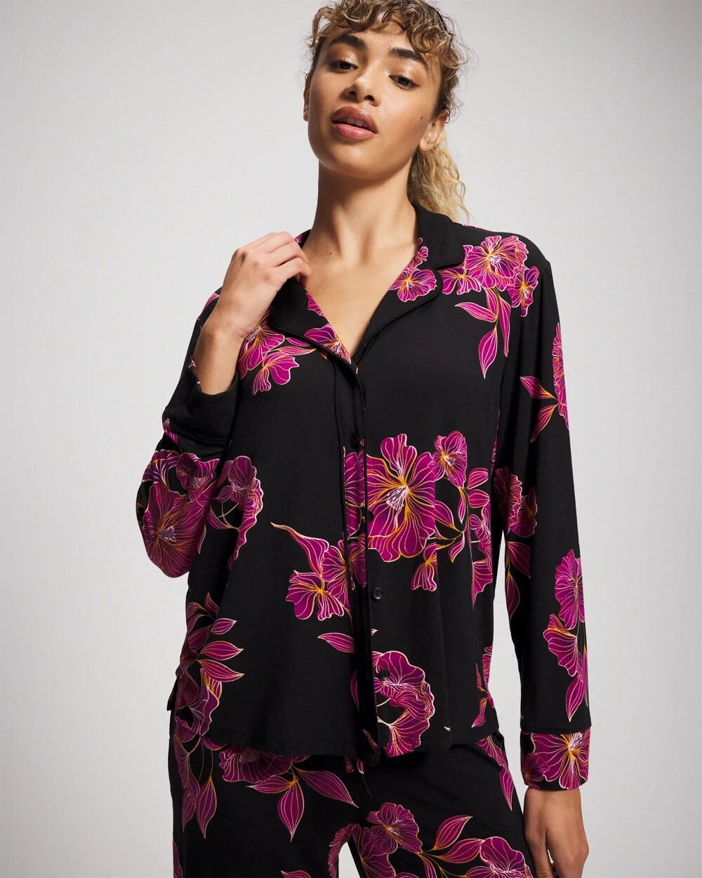 GILDED BLOOMS MAGENTA Cool Nights Long Sleeve Notch Collar with Piped Placket Pajama Top