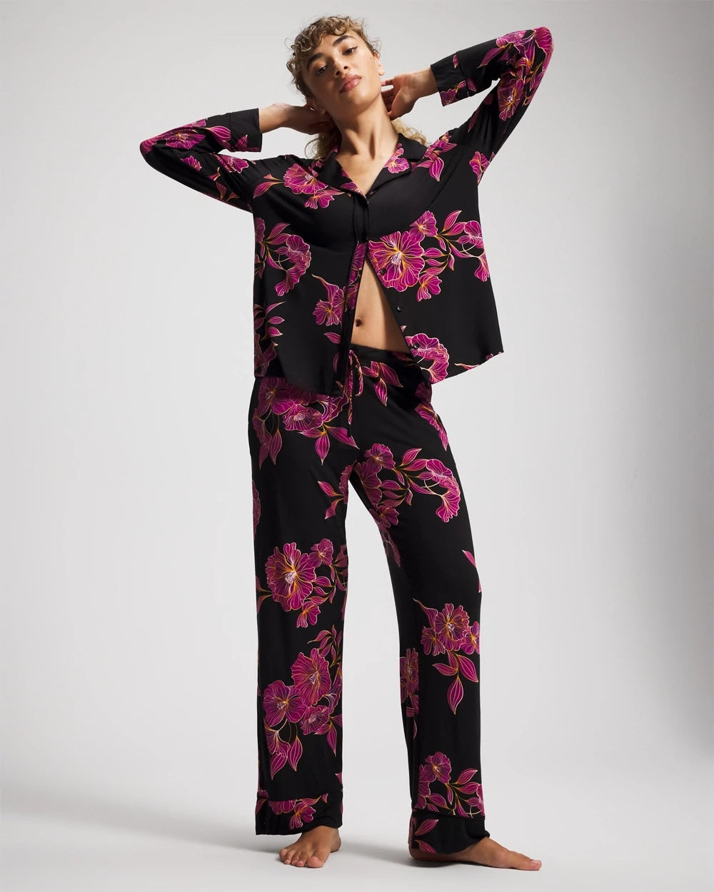 GILDED BLOOMS MAGENTA Cool Nights Long Sleeve Notch Collar with Piped Placket Pajama Top