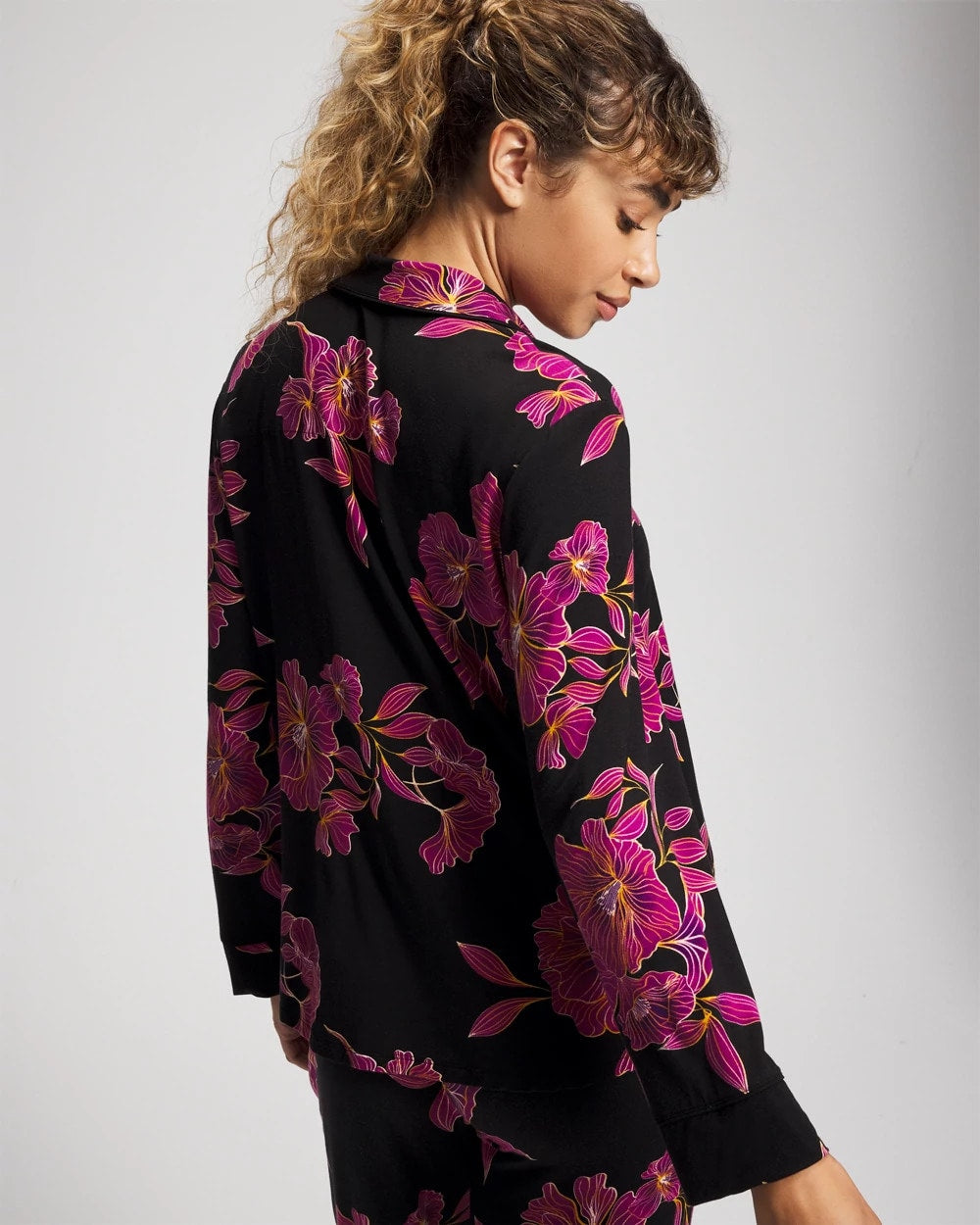 GILDED BLOOMS MAGENTA Cool Nights Long Sleeve Notch Collar with Piped Placket Pajama Top
