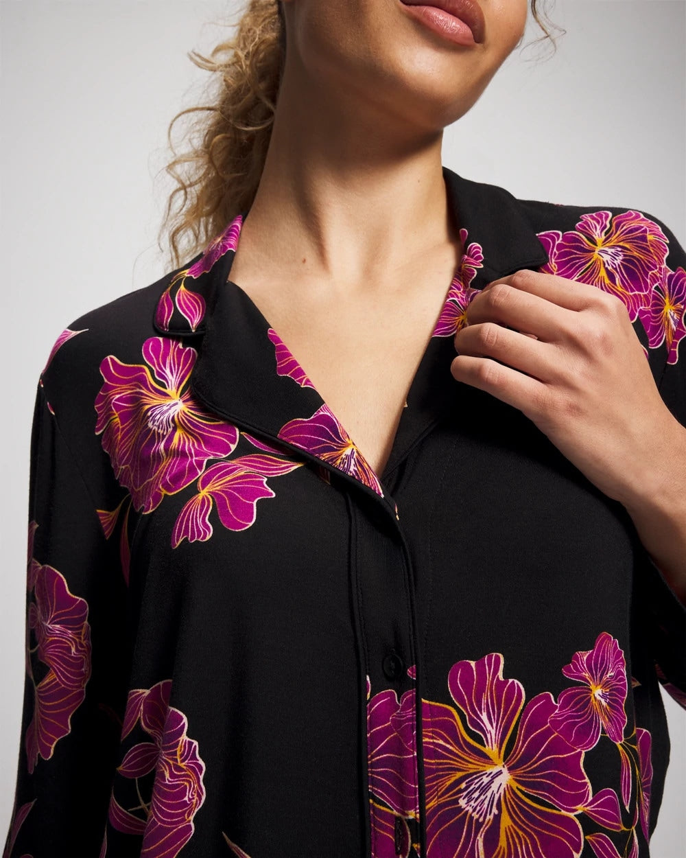 GILDED BLOOMS MAGENTA Cool Nights Long Sleeve Notch Collar with Piped Placket Pajama Top