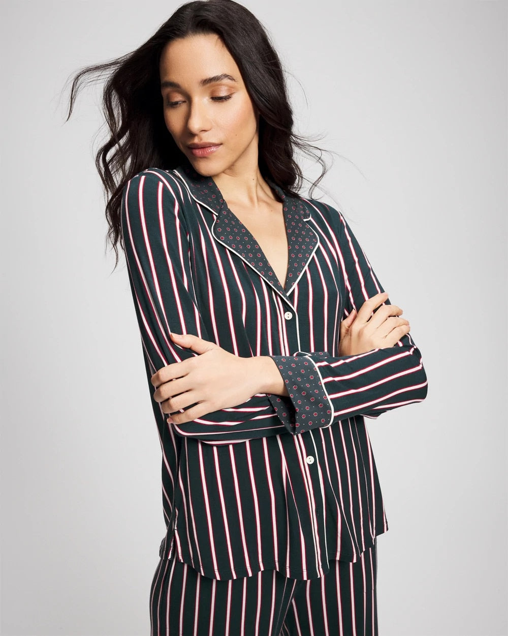 MIDNIGHT STRIPE GREEN JOL Cool Nights Long Sleeve Notch Collar with Piped Placket Pajama Top
