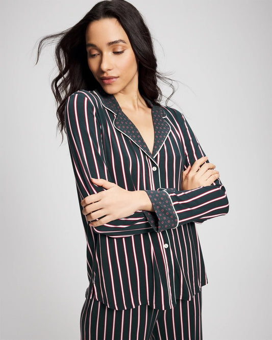 MIDNIGHT STRIPE GREEN JOL Cool Nights Long Sleeve Notch Collar with Piped Placket Pajama Top