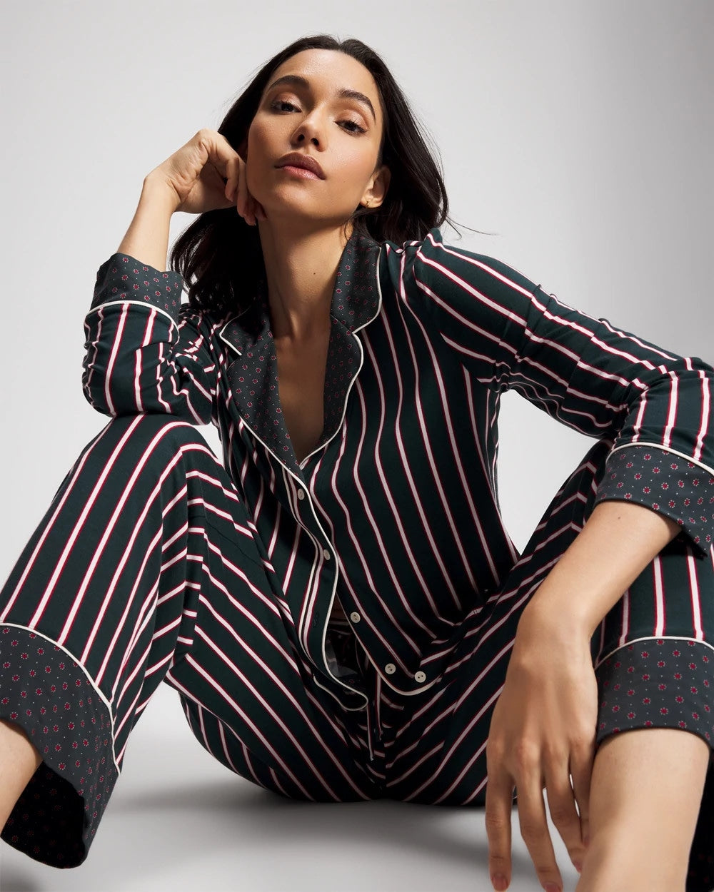 MIDNIGHT STRIPE GREEN JOL Cool Nights Long Sleeve Notch Collar with Piped Placket Pajama Top