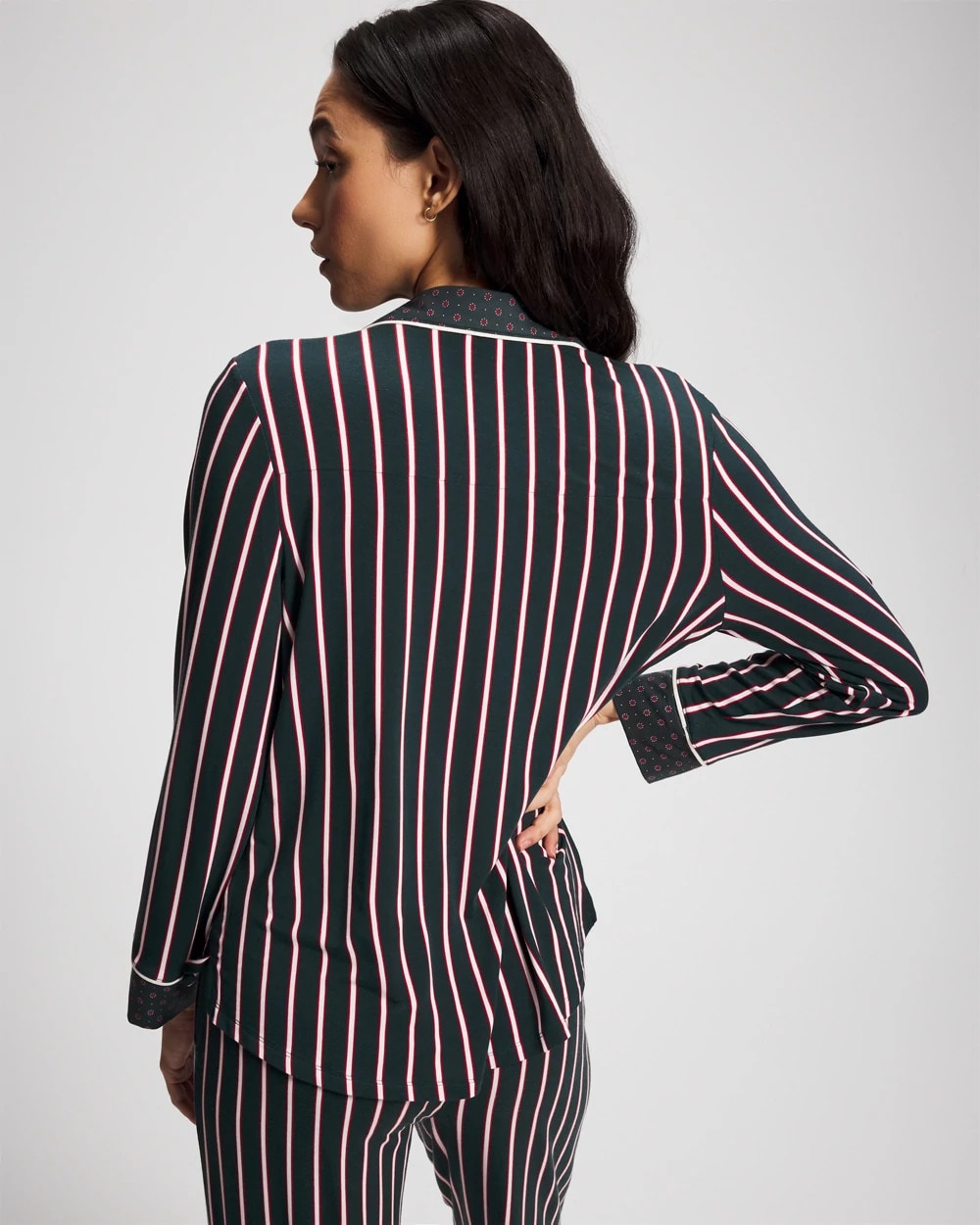MIDNIGHT STRIPE GREEN JOL Cool Nights Long Sleeve Notch Collar with Piped Placket Pajama Top