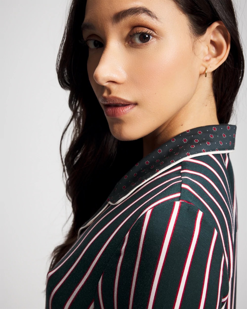 MIDNIGHT STRIPE GREEN JOL Cool Nights Long Sleeve Notch Collar with Piped Placket Pajama Top
