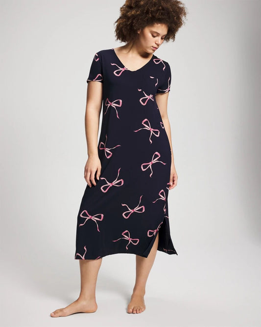 BELOVED BOWS GRAND NAVY Short Sleeve Long Sleepshirt