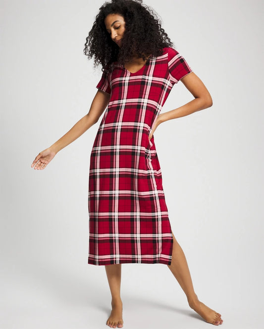 PERFECT PLAID RED Short Sleeve Long Sleepshirt