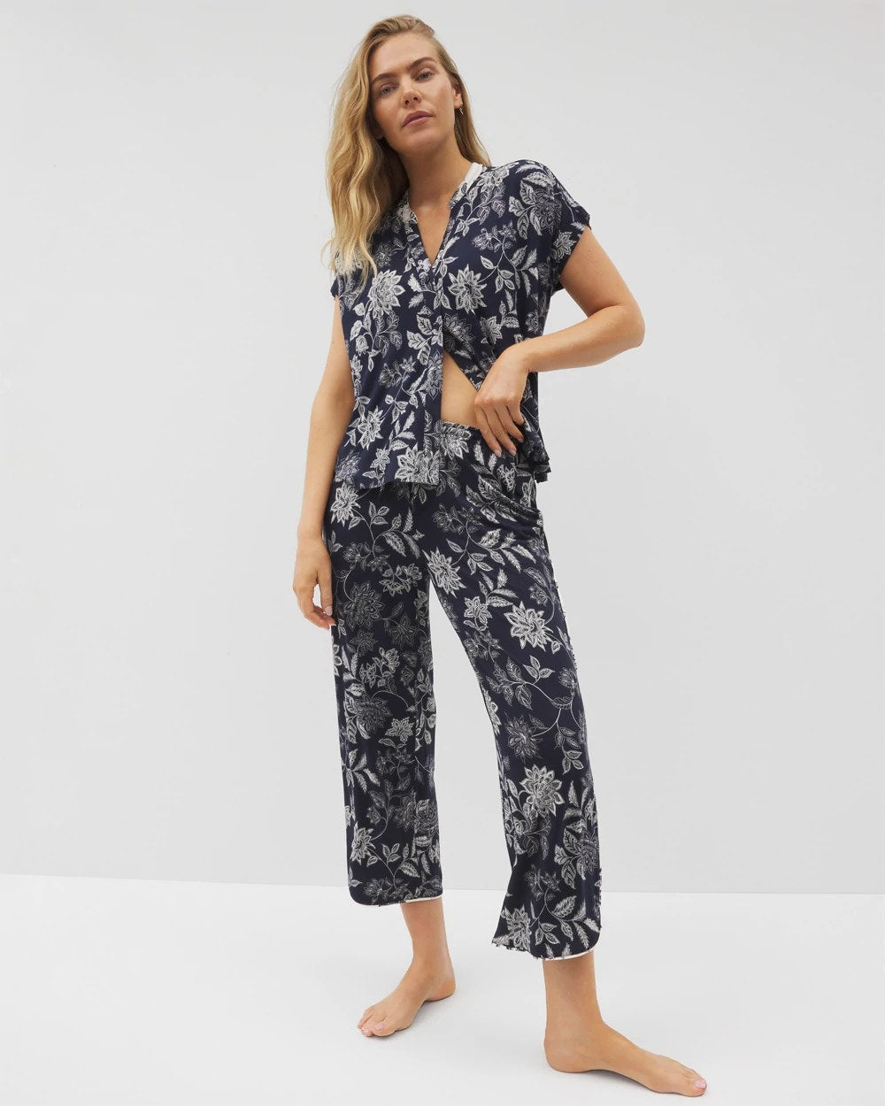 MEANDERING GARDEN NAVY Piped Crop Pajama Pants