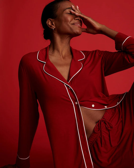 PAINT THE TOWN RED Long Sleeve Notch Collar w/ Piped Placket Pajama Top