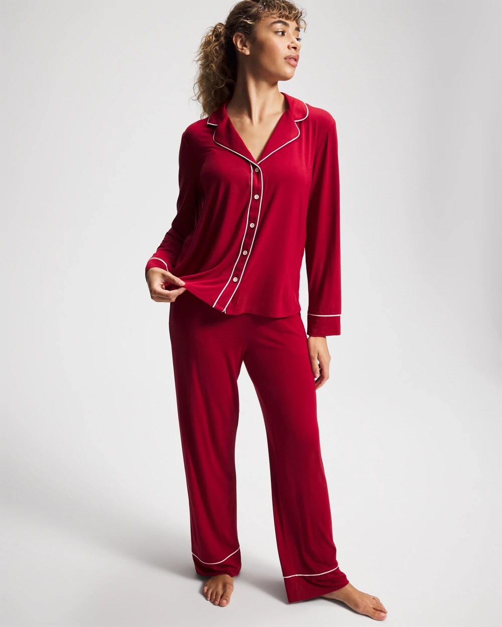 PAINT THE TOWN RED Long Sleeve Notch Collar w/ Piped Placket Pajama Top
