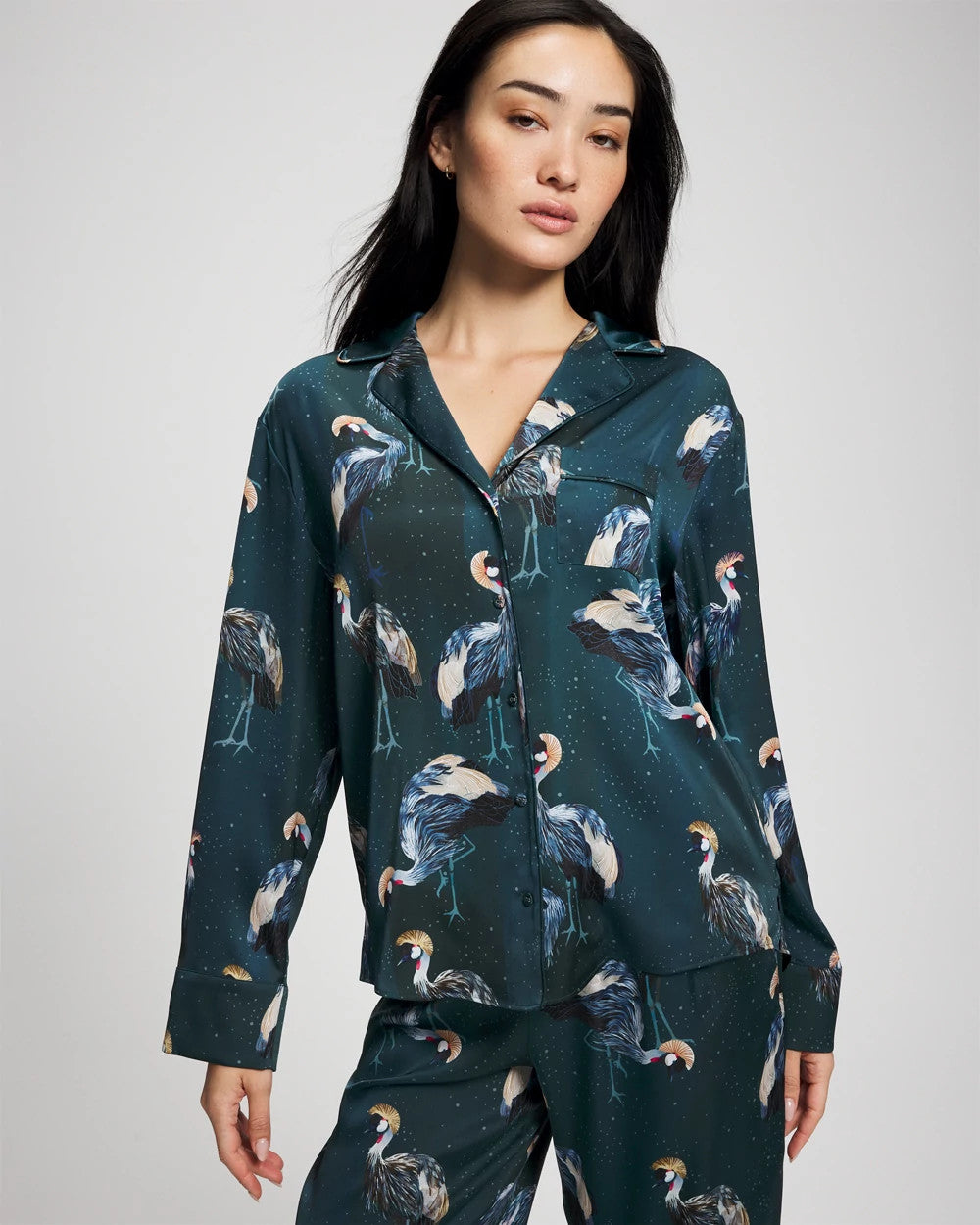 MIDNIGHT CRANES BLUE Long Sleeve Notch Collar Pajama Top