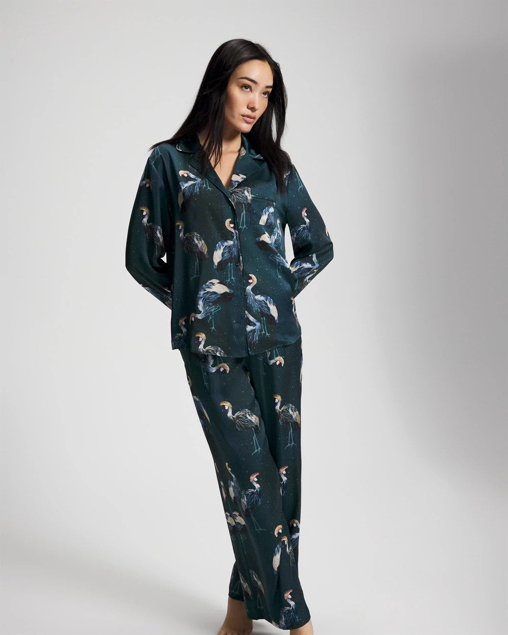 MIDNIGHT CRANES BLUE Long Sleeve Notch Collar Pajama Top