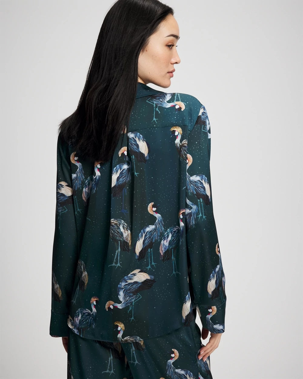 MIDNIGHT CRANES BLUE Long Sleeve Notch Collar Pajama Top
