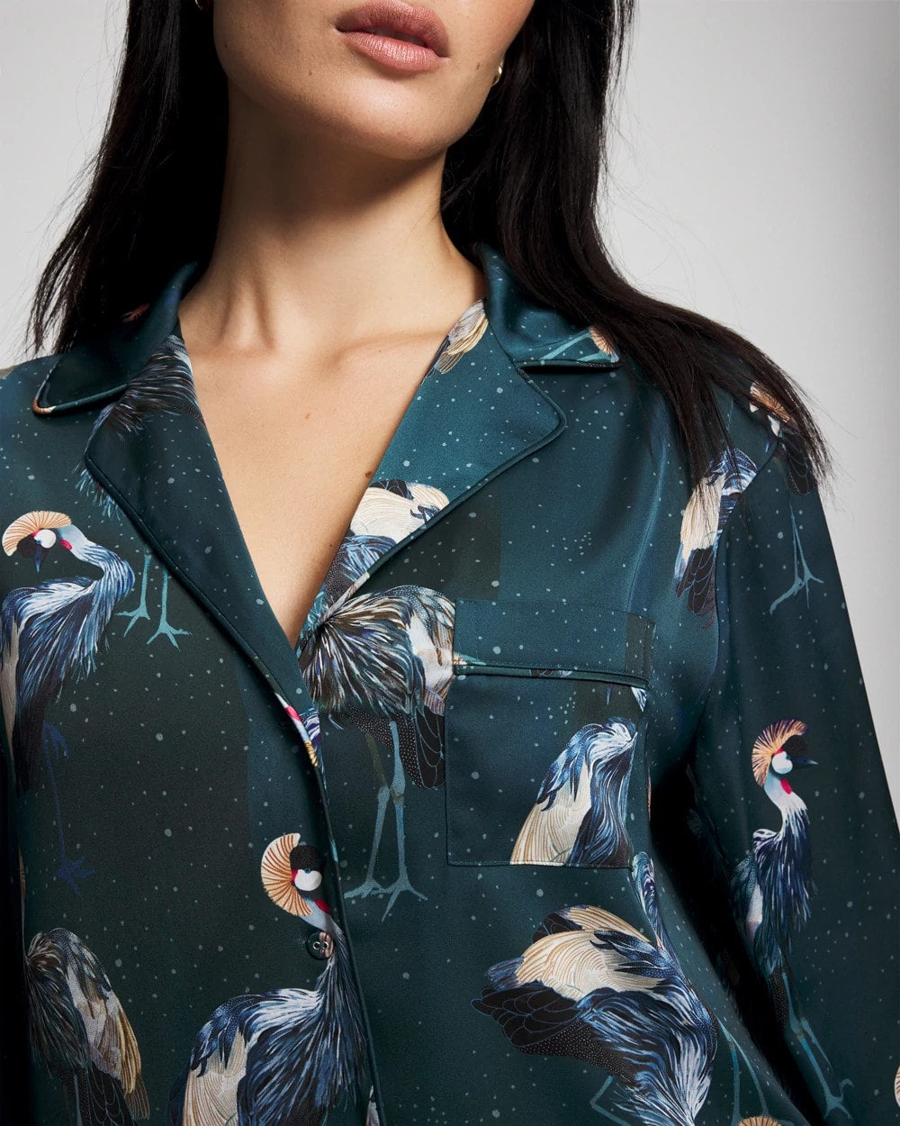 MIDNIGHT CRANES BLUE Long Sleeve Notch Collar Pajama Top