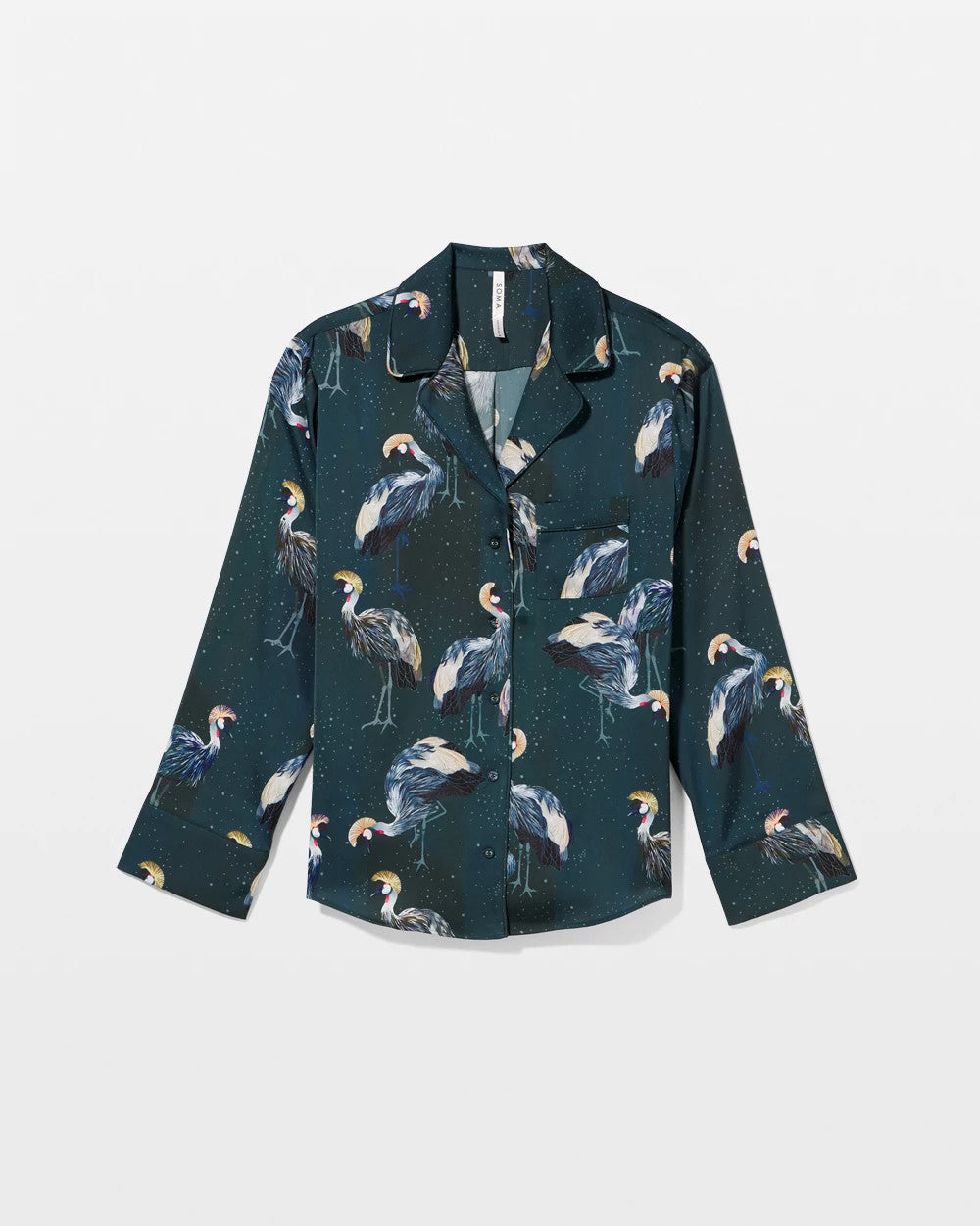 MIDNIGHT CRANES BLUE Long Sleeve Notch Collar Pajama Top