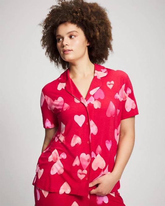 WHOLE LOTTA LOVE RED Short Sleeve Notch Collar Pajama Top