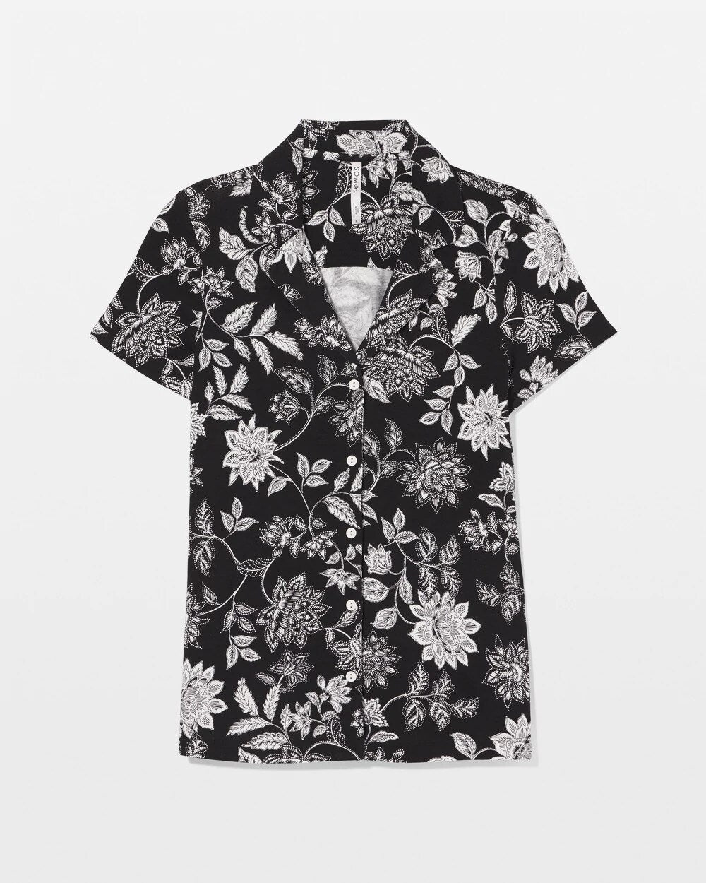 MEANDERING GARDEN BLACK Short Sleeve Notch Collar Pajama Top