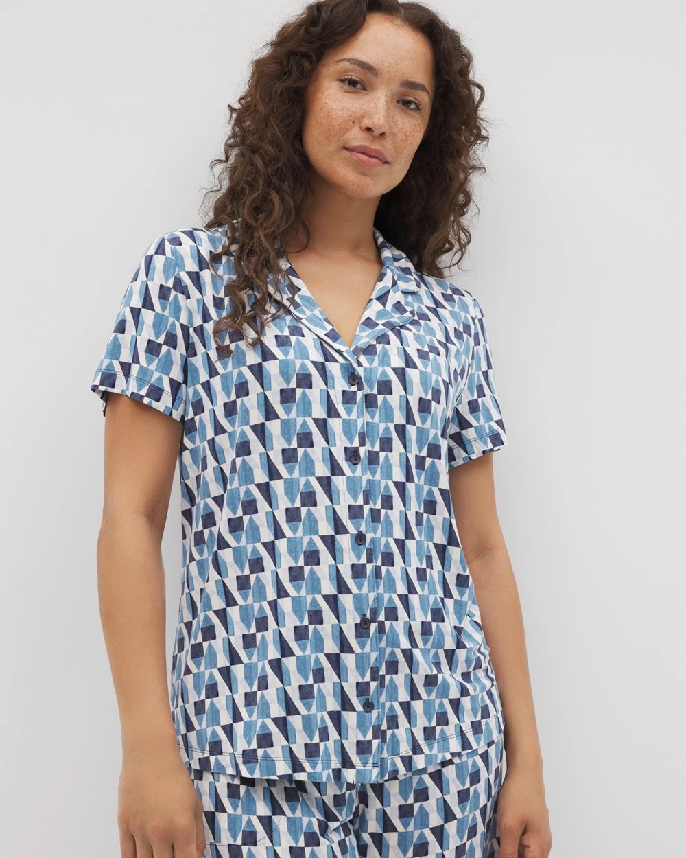 PRISM GEO MID NAVY Short Sleeve Notch Collar Pajama Top