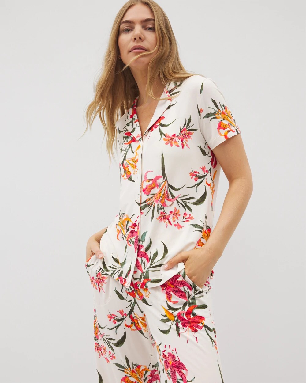 LE TIGRE FLORA CHAMPAGNE Short Sleeve Notch Collar Pajama Top