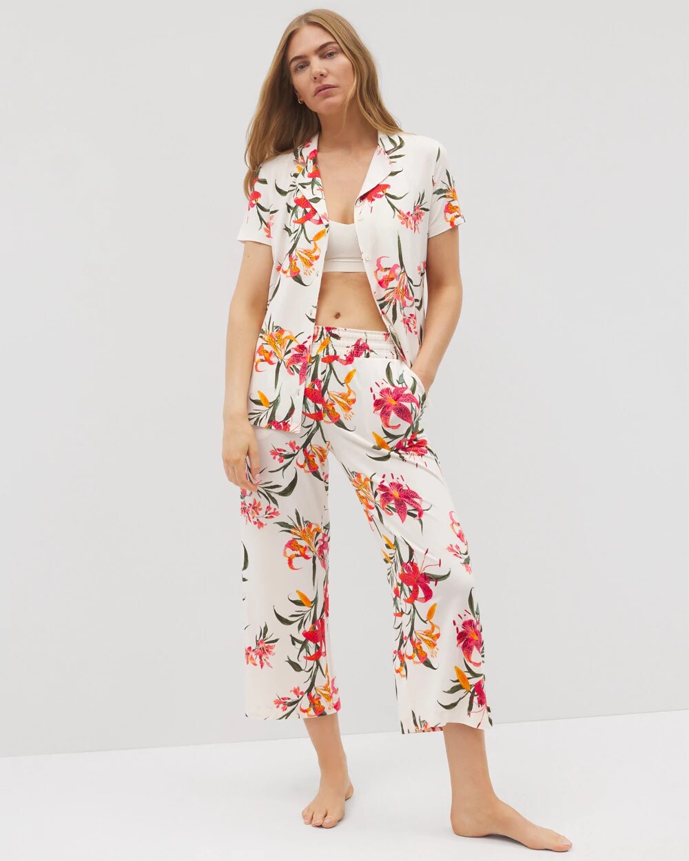 LE TIGRE FLORA CHAMPAGNE Short Sleeve Notch Collar Pajama Top