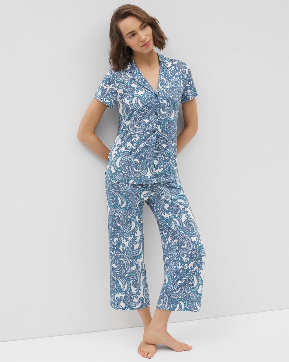 SHOW OFF PAISLEY COCONUT Short Sleeve Notch Collar Pajama Top