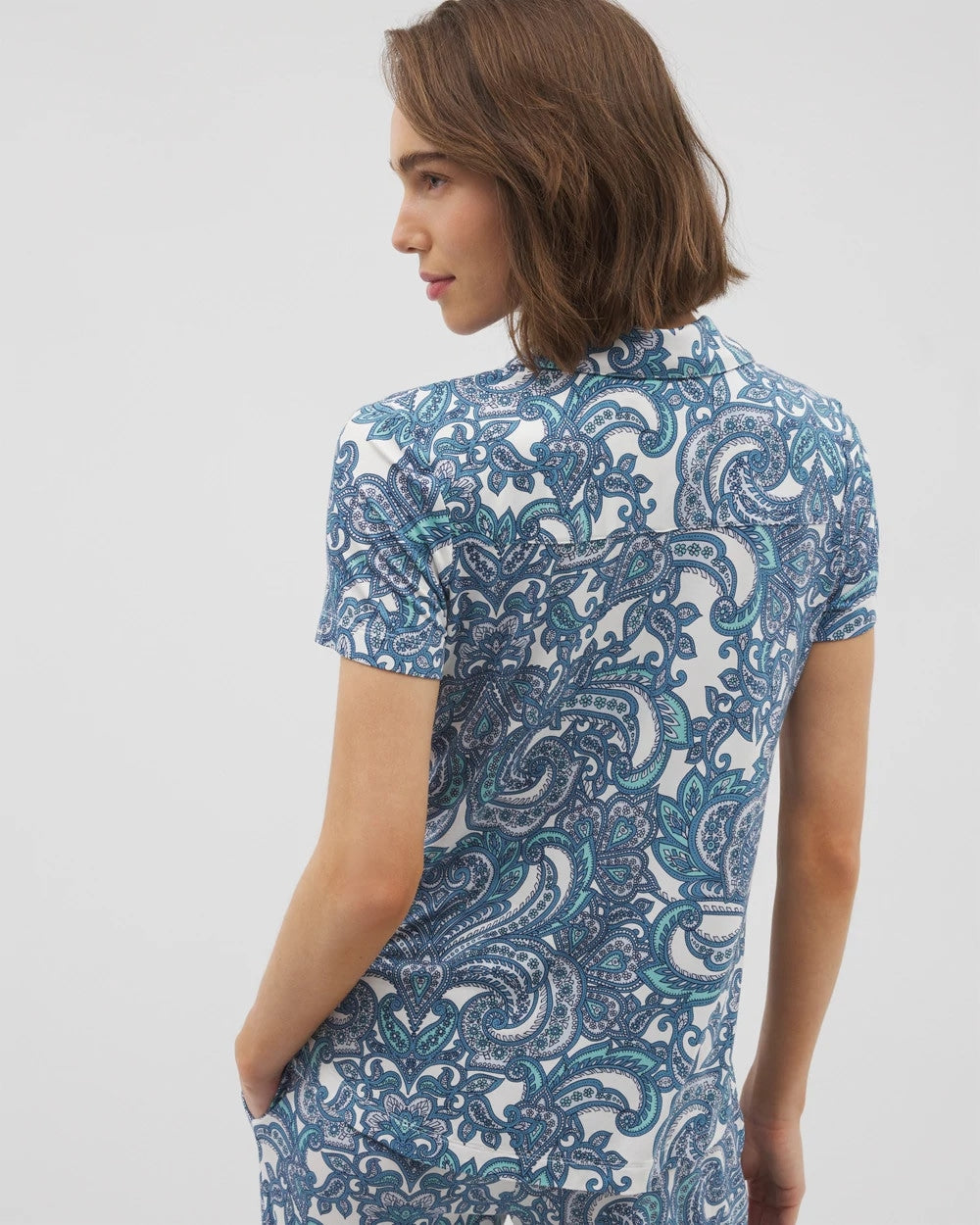 SHOW OFF PAISLEY COCONUT Short Sleeve Notch Collar Pajama Top