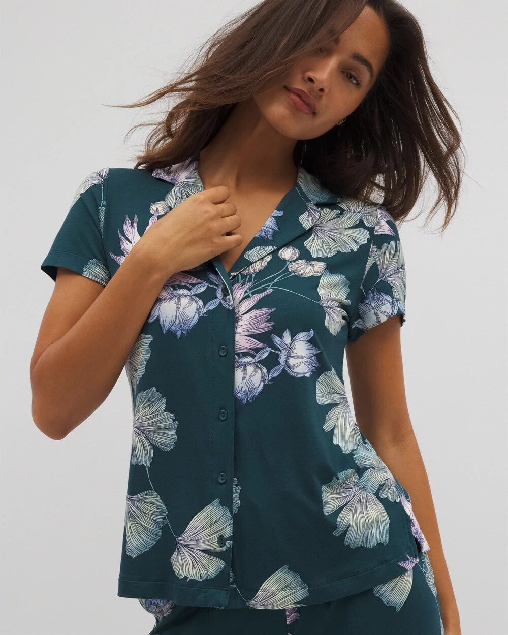 HAVEN BOTANICAL DARK SEA Short Sleeve Notch Collar Pajama Top