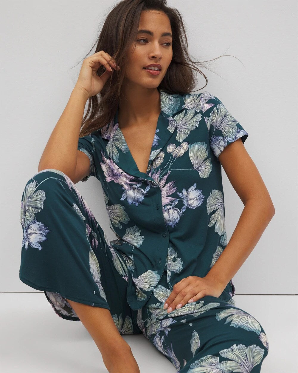 HAVEN BOTANICAL DARK SEA Short Sleeve Notch Collar Pajama Top