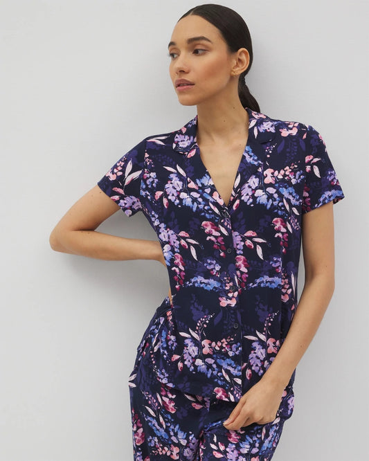 BLOOM BRIGHTLY NAVY Short Sleeve Notch Collar Pajama Top