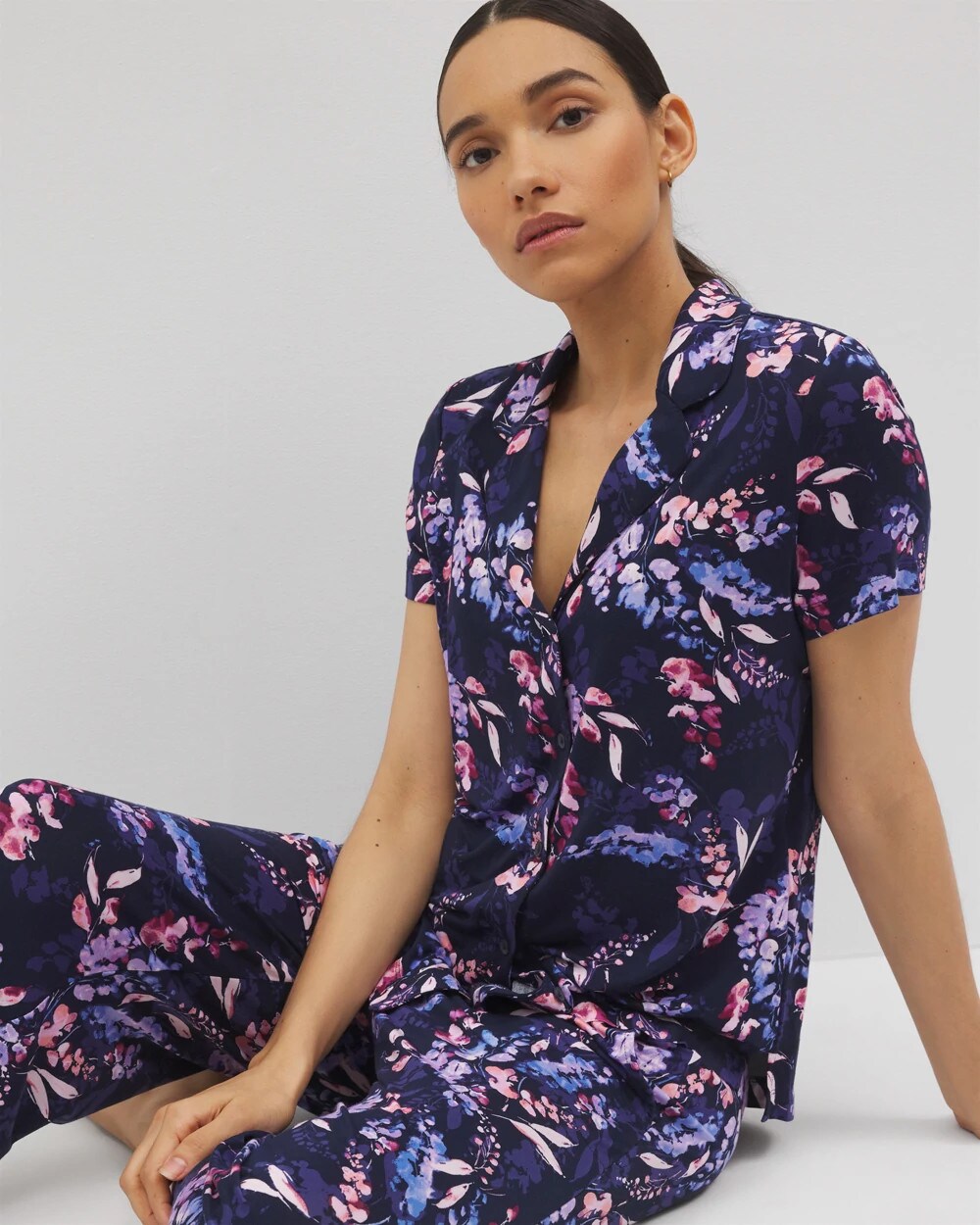 BLOOM BRIGHTLY NAVY Short Sleeve Notch Collar Pajama Top