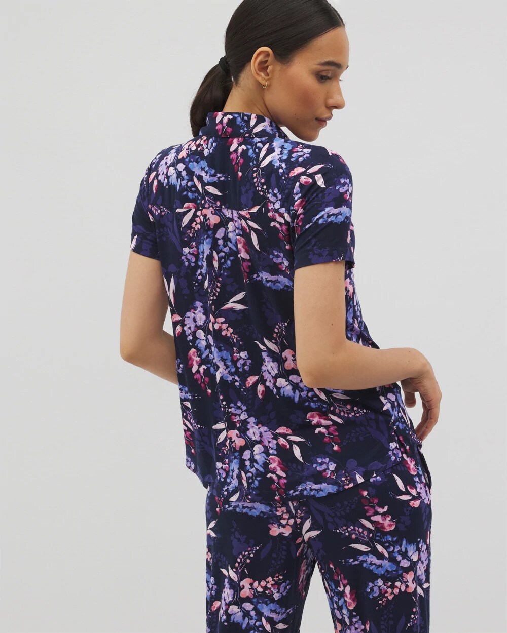 BLOOM BRIGHTLY NAVY Short Sleeve Notch Collar Pajama Top
