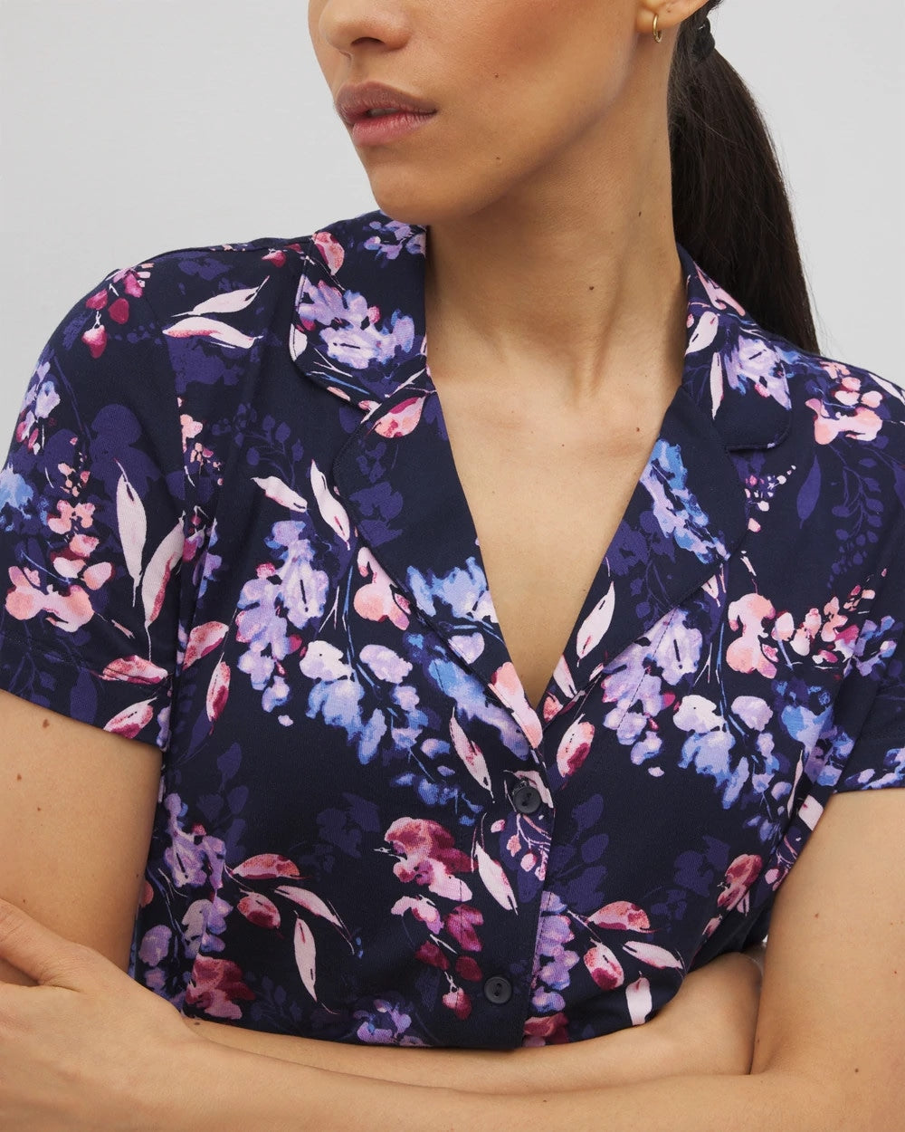 BLOOM BRIGHTLY NAVY Short Sleeve Notch Collar Pajama Top