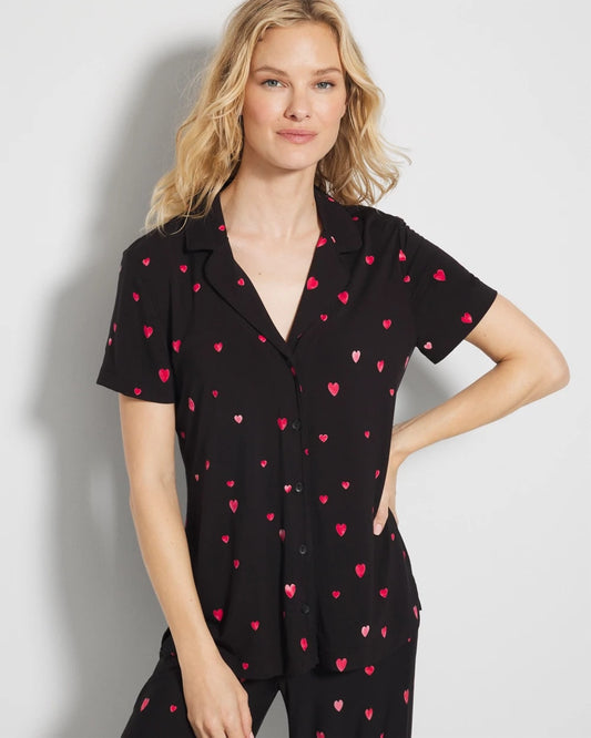 FLOATING HEARTS BLACK RED Short Sleeve Notch Collar Pajama Top