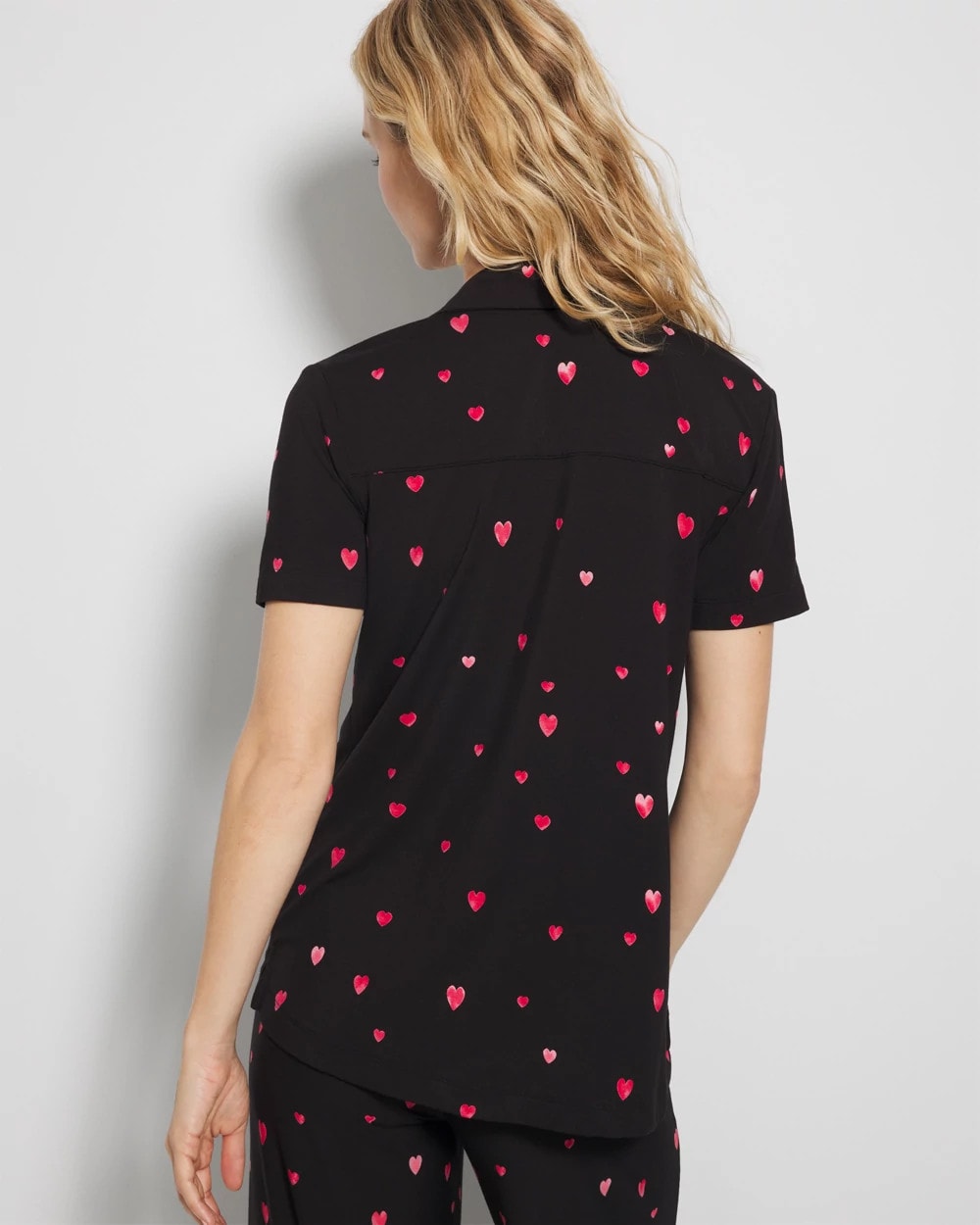 FLOATING HEARTS BLACK RED Short Sleeve Notch Collar Pajama Top